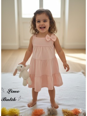 Şimo Butik Kız Çocuk Penye Pamuklu Elbise Fiyonklu Pembe Somon