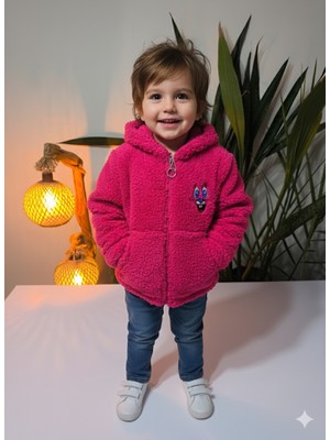 Şimo Butikkız Çocuk Peluş Polar Hırka Kapşonlu Fermuarlı Cepli Pembe Beyaz Siyah Mor !!! Dar Kalıp