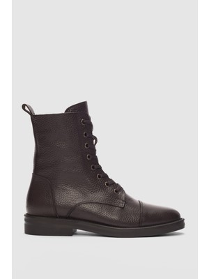 Selin Shoes Navira Hakiki Deri Bağcıklı ve Yandan Fermuarlı Kadın Bot- Kahverengi