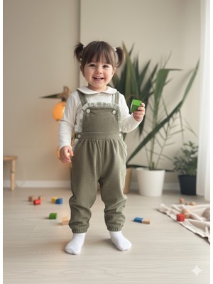 Şimo Butik Bebe Yaka Fırfır Detaylı Fitilli Kadife Kız Çocuk Salopet Takımı Tulumlu