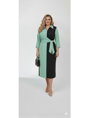 Kadın Büyük Beden Gömlek Yaka Bağlamalı Elbise 5399-26