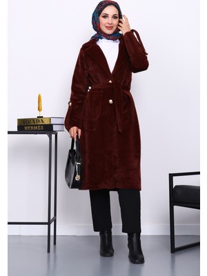 İmaj Butik Bordo Kruvaze Yaka Kol Apoletli Angora Kaban