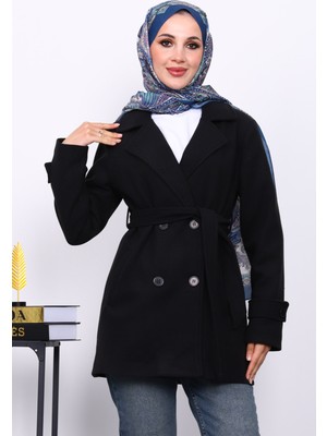 İmaj Butik Siyah Kruvaze Yaka Çift Düğmeli Kaşe Kaban
