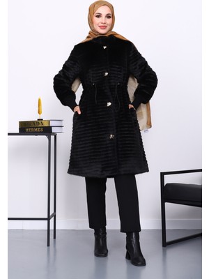 İmaj Butik Siyah Bel Lastikli Angora Kürk Kaban
