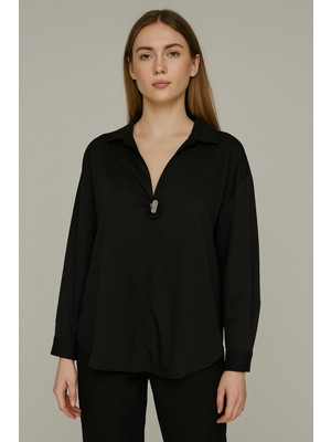 Ferz Büyük Beden Siyah Pamuk Kumaş Bluz