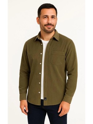 Rawea Fashion Erkek Fitilli Kadife Cepli Gömlek Oversize Rahat Kalıp - Haki