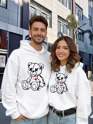 NEVERMIND Sevgili Çift Kombin Ayıcık Baskılı Kapüşonlu Sweatshirt 2li Set Takım 3 İplik