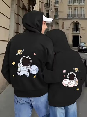 Nevermind Sevgili Çift Kombini Astronot Temalı Siyah Hoodie Takımı – Pamuklu Oversize Sweatshirt 2'li Set