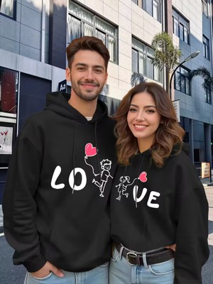 Nevermind Sevgili Çift Kombini Love Baskılı Kapüşonlu Sweatshirt 2li Set Takım 3 Iplik Pamuk