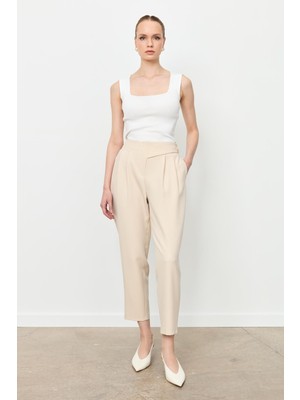Accort Düğme Deatylı Yüksek Bel Pantolon-Taş