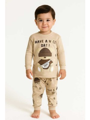 Hümazade Ekru Ayıcık 1-2-3 Yaş Çocuk Alt Üst Takım Pijama Takım