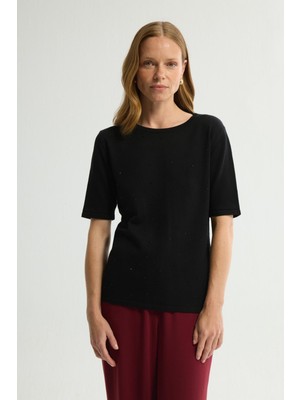 Love My Body Yuvarlak Yaka Kısa Kollu Triko Bluz Siyah 115L9634000