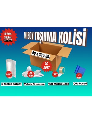 Esila Kağıtçılık 40X30X30 Taşınma Paketi M Boy 10 Adet Koli 1 Adet 5 Metre Patpat (Balonlu Naylon) 20 Adet Tabak/bardak Sarmalık Kâğıt 1 Adet 100 Metre Bant 2 Adet Çöp Poşeti Hediye: 10 Adet Sticker (Etiket)