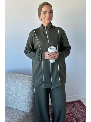 Julude Ön Fermuarlı Şeritli Tunik Bel Lastikli Pantolon Tesettür Ikili Takım P-00018992