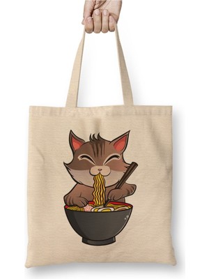 Toyaso Cute & Funny Anime Kitty Ramen Kawaii Cat Beyaz Bez Çanta Uzun Saplı Alışveriş Çantası Plaj Çantası