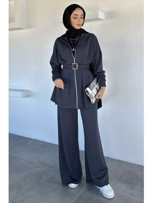 Julude Ön Fermuarlı Pileli Tunik Bel Lastikli Pantolon Tesettür Ikili Takım P-00018989