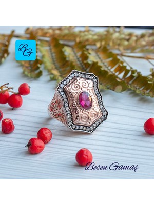 Besen Gümüş Rose Yakut Taşlı Sekizgen Formlu Osmanlı Yüzük