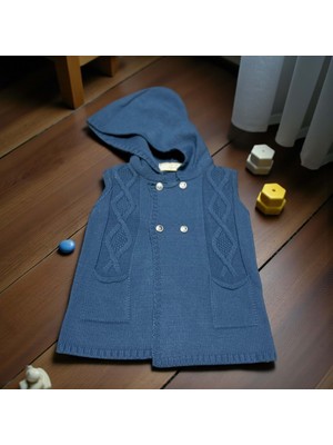 Kapüşonlu Çift Düğme Detaylı Triko Yelek - LY3008-İNDIGO-3 - 6 Ay Indigo