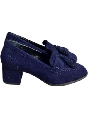 Tufan Shoes Lacivert Hakiki Deri Süet Püskül Detay Topuklu Ayakkabı
