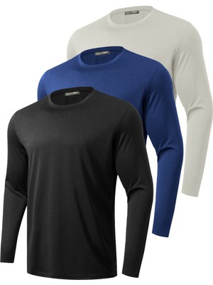 Ghassy Co. 3'lü Paket Erkek %100 Pamuklu Likralı Spor Koşu Günlük Antrenman Uzun Kollu Penye T-Shirt