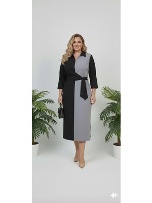 Moda Xlarge Kadın Büyük Beden Gömlek Yaka Bağlamalı Elbise Klasik Stil Uzun Kol Bodycon 5399-26