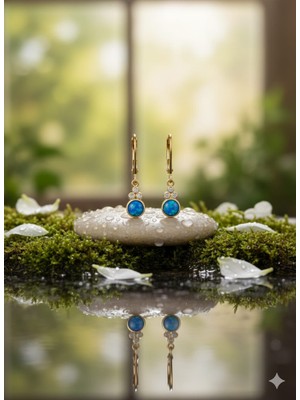 Flamingo Jewelery 925 Ayar Papatya Silver Mavi Opal Taşlı Küpe.rose.gold.rodaj