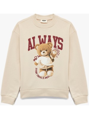 Koton Pamuklu Uzun Kollu Bisiklet Yaka Ayıcık Baskılı Sweatshirt