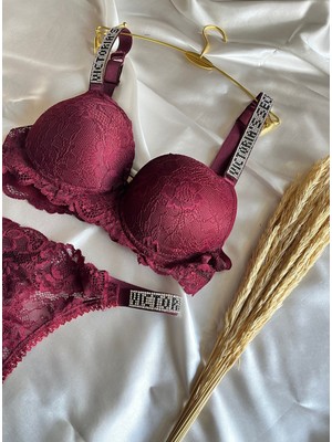 Nivene Dantelli Lastiği Taşlı Balenli Destekli Dolgulu Push Up Bordo Ve String Iç Çamaşırı Takımı