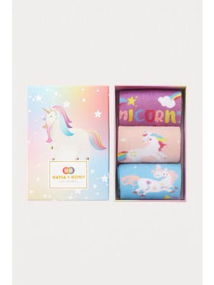 Kız Çocuk Unicorn Desenli 3'Lü Kutulu Soket Çorap