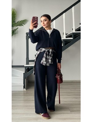 Oslove Lacivert Modal Kumaş Yarım Fermuarlı Takım