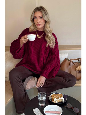 Madmext Bordo Bisiklet Yaka Örgü Desen Kadın Triko Kazak MG2601