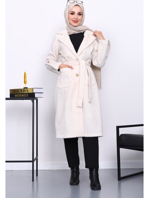 İmaj Butik Krem Kruvaze Yaka Kol Apoletli Angora Kaban