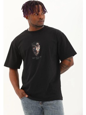 Rawea Fashion Unisex Oversize Baskılı Bisiklet Yaka T-Shirt - Siyah