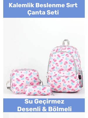 Enenstyle Fermuarlı Geniş 1.kalite Su Geçirmez Desenli Bölmeli Üçlü Okul Kalemlik Beslenme Sırt Çanta Seti