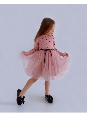 Şirin Şeyler Butiği Linda Uzun Kol Kız Çocuk Prenses Kabarık Tütü Elbise Puantiyeli Esnek Gül Kurusu Likralı Tüllü Bayramlık Hediyelik