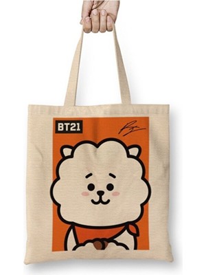 Toyaso BT21 Rj Bts Beyaz Bez Çanta Uzun Saplı Alışveriş Çantası Plaj Çantası