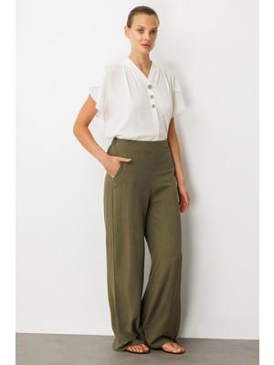 Accort Yüksek Bel Pamuklu Keten Pantolon-Haki