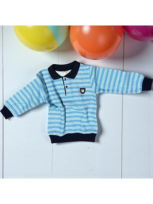 Yakalı Çizgili Iki Iplik Örme Sweatshırt  - YKT001-MAVI-4 Yaş Mavi