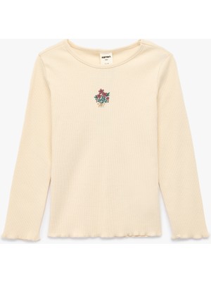 Koton Kız Çocuk Uzun Kollu Çiçek Nakış Detaylı Pamuklu Tişört Günlük Stil Ekru Renk