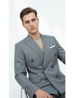 Plus Scorpion Gri Çizgili Erkek Kruvaze Blazer Ceket – Italyan Kesim, Şık ve Modern Tarz