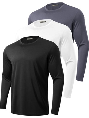 Ghassy Co. 3'lü Paket Erkek %100 Pamuklu Likralı Spor Koşu Günlük Antrenman Uzun Kollu Penye T-Shirt
