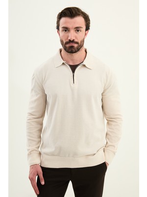 MCR Düz Slim Fit Fermuarlı Polo Yaka Şönil Kumaş Erkek Triko
