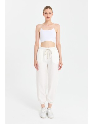 Accort Paçası ve Beli Lastikli Dokulu Pantolon-Kemık