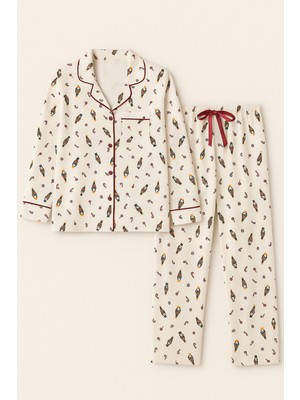 Kız Çocuk Yılbaşı Temalı Pijama Takımı Ekru