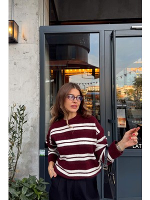 Sue Store Bordo Ekru Çizgili Yumuşak Dokulu Oversize Yünlü Kazak
