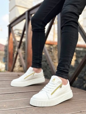 Bukond Kalın Yüksek Tabanlı Çift Fermuarlı Beyaz Günlük Sneaker Spor Ayakkabı