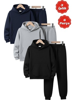 Fyk Kids 3 Iplik Şardonlu Kışlık Kanguru Cepli Kapüşonlu 6 Parça Erkek Çocuk Eşofman Takımı