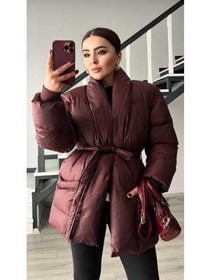 Oslove Bordo Kruvaze Kuşaklı Şişme Mont