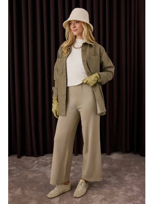 Beli Lastikli Triko Pantolon Vizon