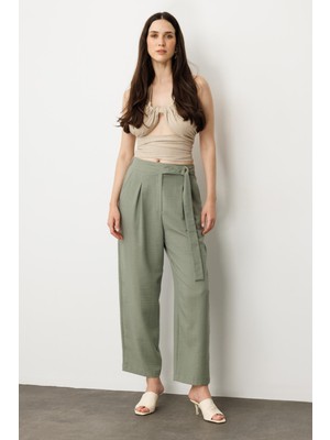 Accort Keten Görünümlü Pileli Pantolon-Çağla